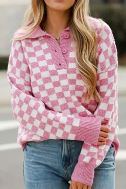 Fashion Dear-Lover Checkered Buttons Collar V Neck Drop Shoulder Sweater Pink