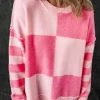 Clearance Dear-Lover Checkered Colorblock Striped High Low Loose Sweater Pink