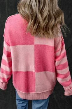 Clearance Dear-Lover Checkered Colorblock Striped High Low Loose Sweater Pink