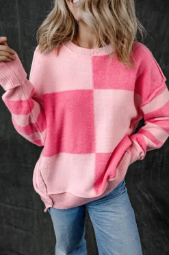 Clearance Dear-Lover Checkered Colorblock Striped High Low Loose Sweater Pink