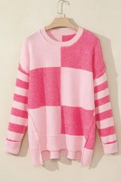 Clearance Dear-Lover Checkered Colorblock Striped High Low Loose Sweater Pink
