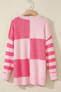 Clearance Dear-Lover Checkered Colorblock Striped High Low Loose Sweater Pink