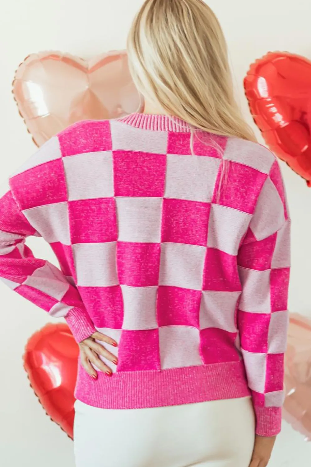 Online Dear-Lover Checkered Drop Shoulder Buttoned V Neck Cardigan Pink