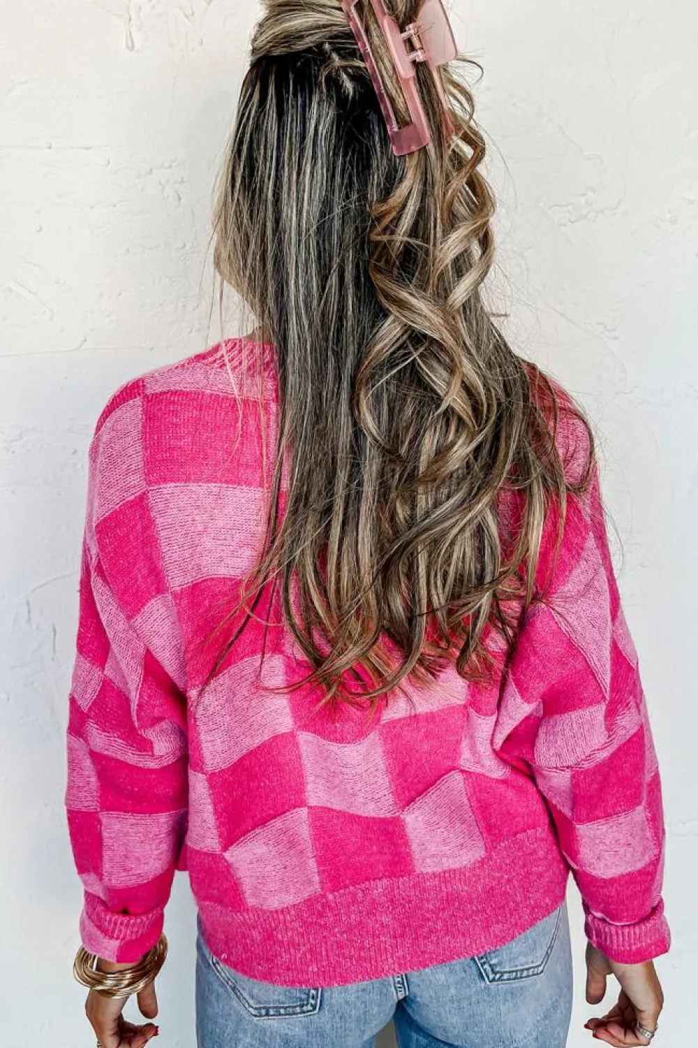 Online Dear-Lover Checkered Drop Shoulder Buttoned V Neck Cardigan Pink