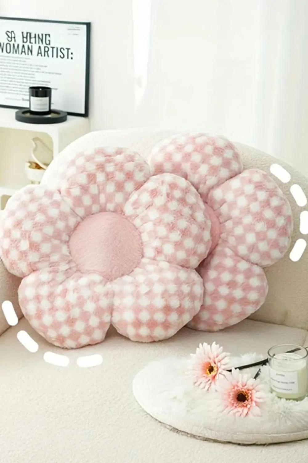 Discount Dear-Lover Checkered Flower Shape Soft Sofa Cushion Pink