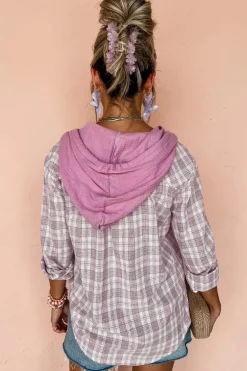 Clearance Dear-Lover Checkered Print Loose Fit Buttoned Hooded Shacket Pink