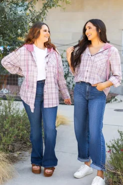 Clearance Dear-Lover Checkered Print Loose Fit Buttoned Hooded Shacket Pink