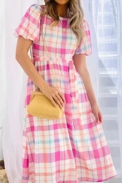 Discount Dear-Lover Checkered Puff Sleeve Belted Midi Dress Pink