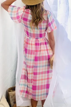 Discount Dear-Lover Checkered Puff Sleeve Belted Midi Dress Pink