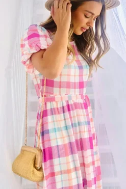 Discount Dear-Lover Checkered Puff Sleeve Belted Midi Dress Pink