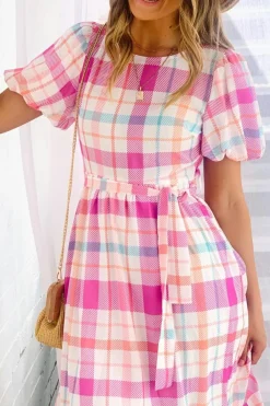 Discount Dear-Lover Checkered Puff Sleeve Belted Midi Dress Pink