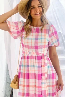 Discount Dear-Lover Checkered Puff Sleeve Belted Midi Dress Pink