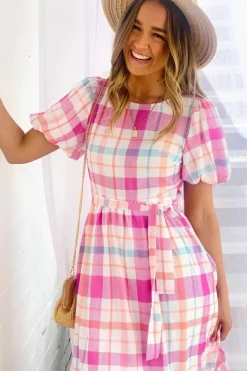 Discount Dear-Lover Checkered Puff Sleeve Belted Midi Dress Pink