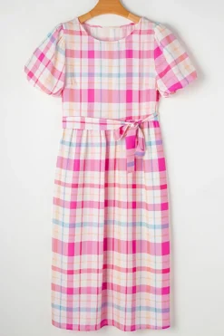 Discount Dear-Lover Checkered Puff Sleeve Belted Midi Dress Pink
