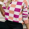 Online Dear-Lover Checkered Ribbed Edge O Neck Drop Shoulder Sweater Pink