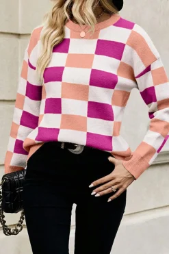 Online Dear-Lover Checkered Ribbed Edge O Neck Drop Shoulder Sweater Pink