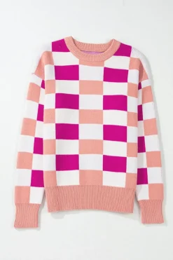 Online Dear-Lover Checkered Ribbed Edge O Neck Drop Shoulder Sweater Pink