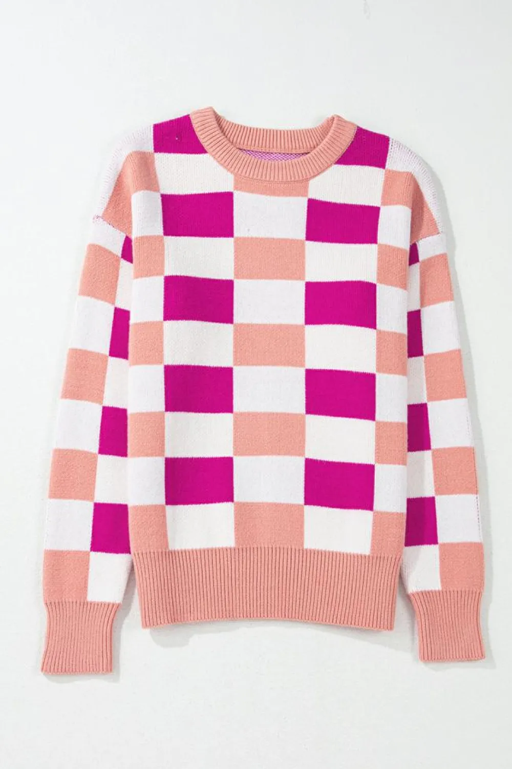 Online Dear-Lover Checkered Ribbed Edge O Neck Drop Shoulder Sweater Pink