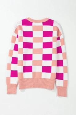 Online Dear-Lover Checkered Ribbed Edge O Neck Drop Shoulder Sweater Pink
