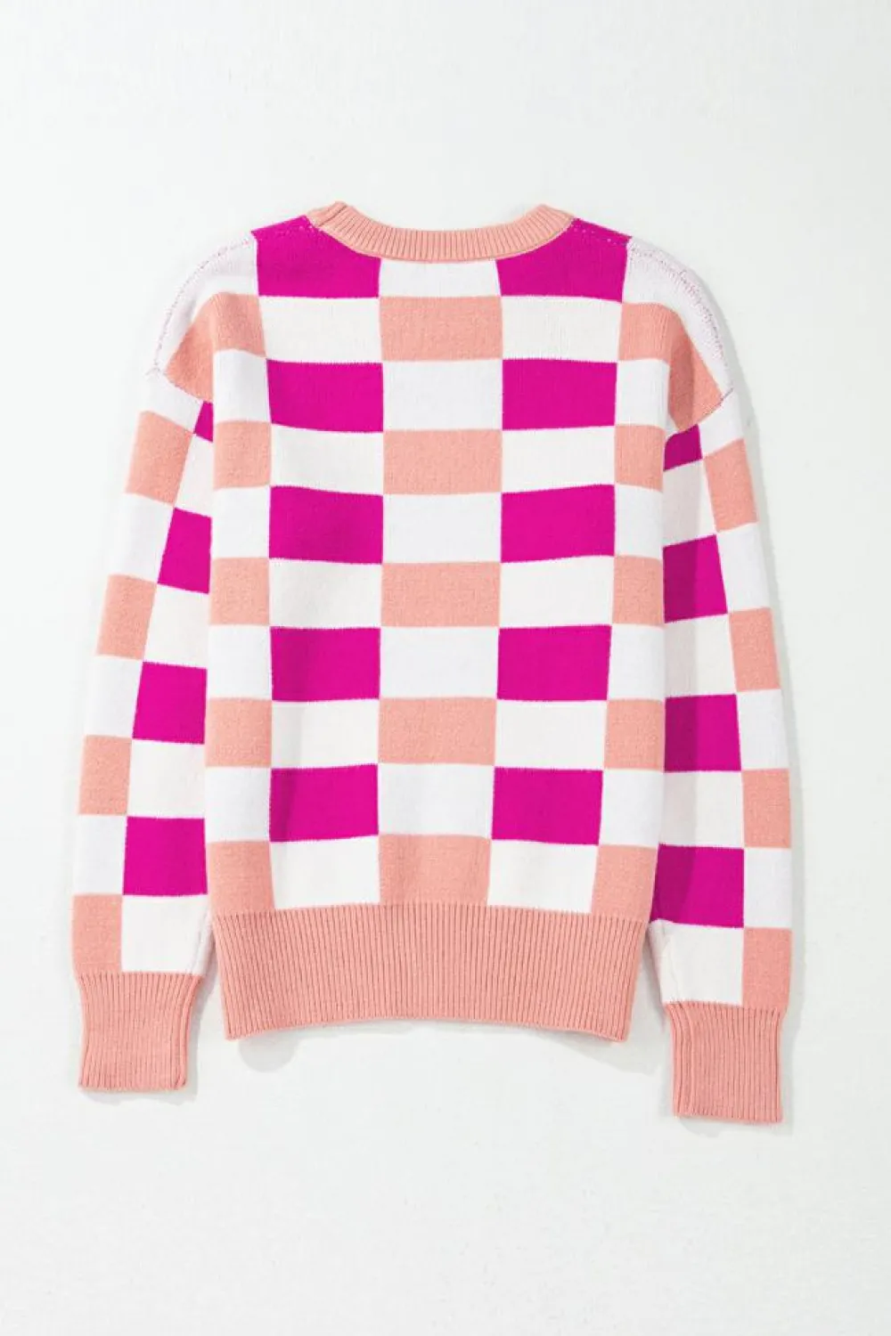 Online Dear-Lover Checkered Ribbed Edge O Neck Drop Shoulder Sweater Pink