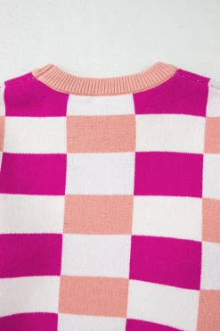 Online Dear-Lover Checkered Ribbed Edge O Neck Drop Shoulder Sweater Pink
