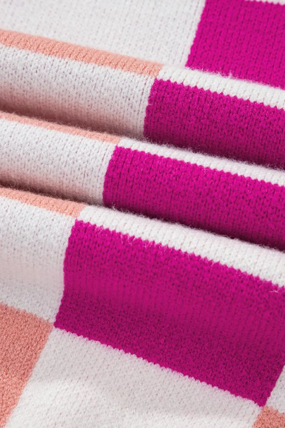 Online Dear-Lover Checkered Ribbed Edge O Neck Drop Shoulder Sweater Pink