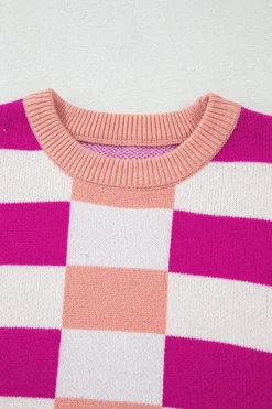 Online Dear-Lover Checkered Ribbed Edge O Neck Drop Shoulder Sweater Pink