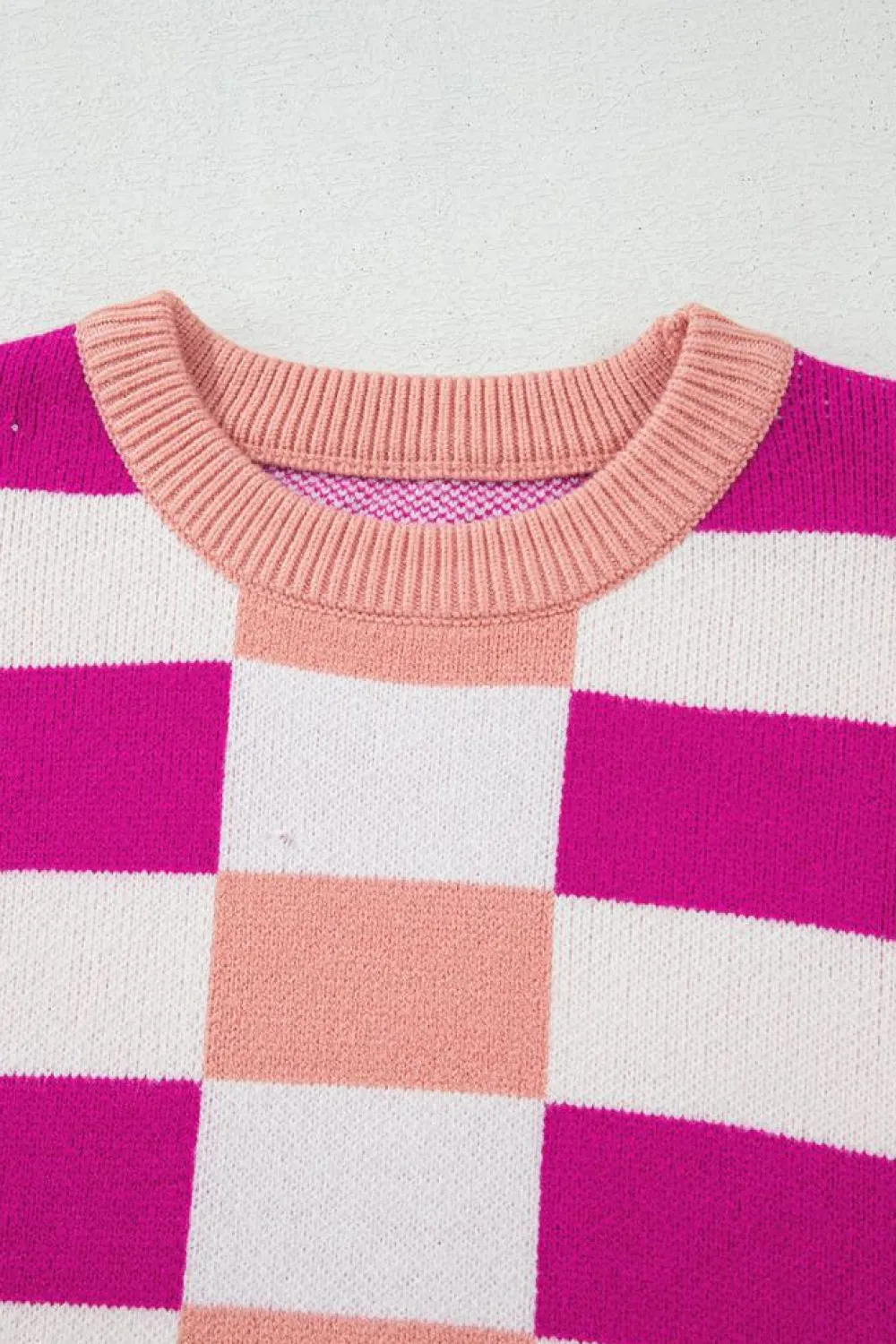 Online Dear-Lover Checkered Ribbed Edge O Neck Drop Shoulder Sweater Pink