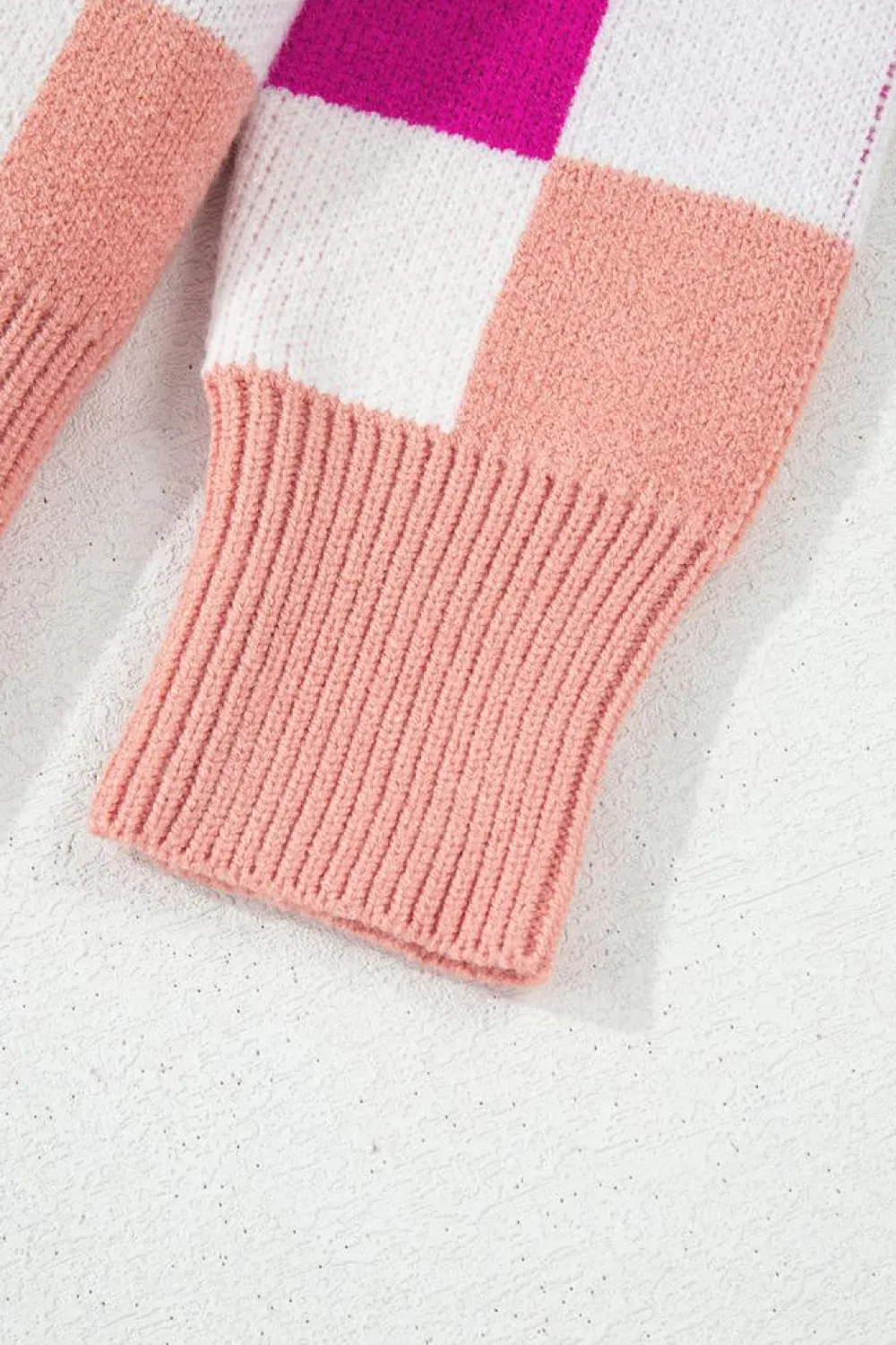 Online Dear-Lover Checkered Ribbed Edge O Neck Drop Shoulder Sweater Pink