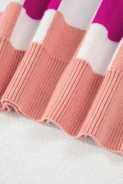 Online Dear-Lover Checkered Ribbed Edge O Neck Drop Shoulder Sweater Pink