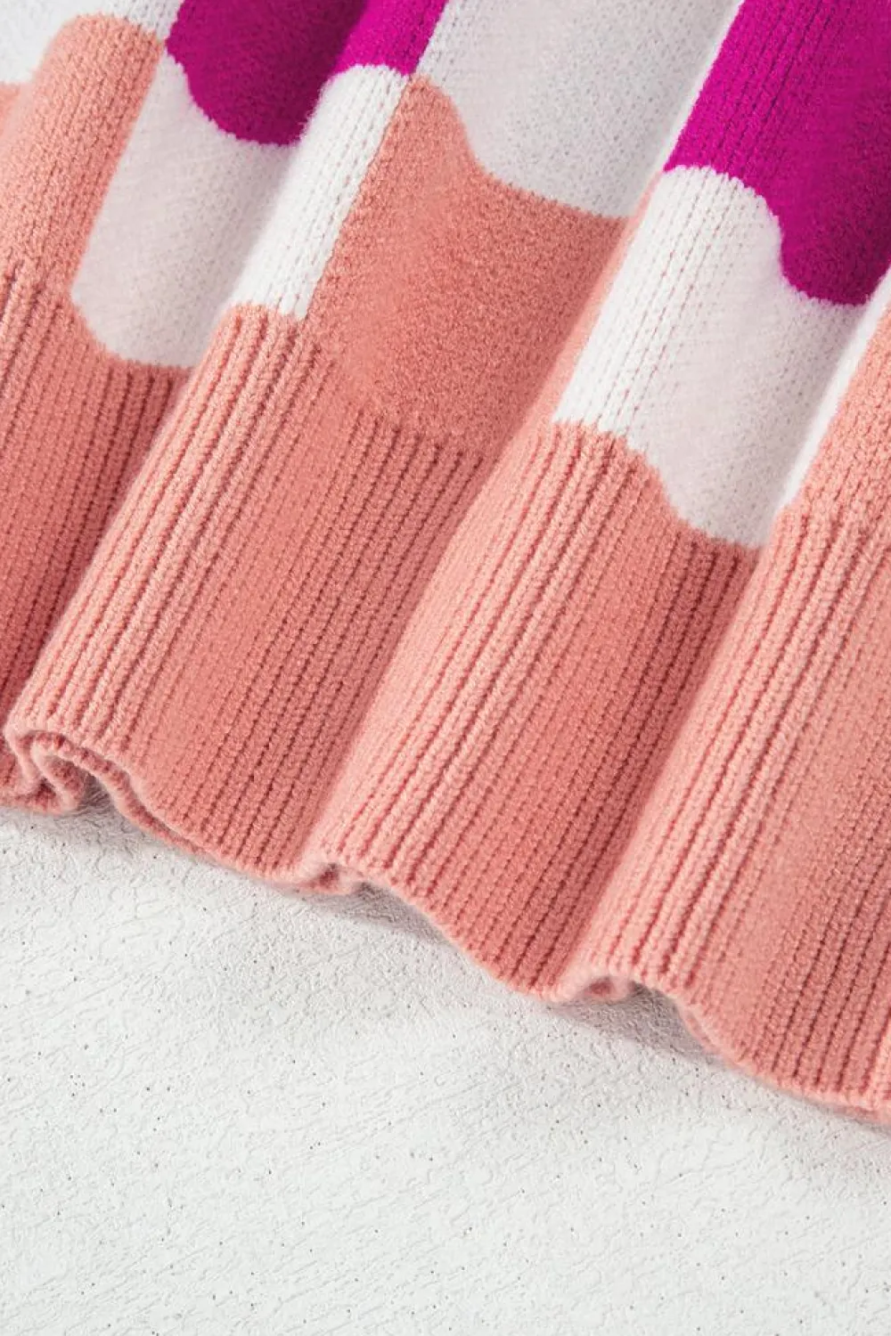 Online Dear-Lover Checkered Ribbed Edge O Neck Drop Shoulder Sweater Pink