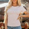 Fashion Dear-Lover Checkered Ribbed Slim Fit Crew Neck T Shirt Pink