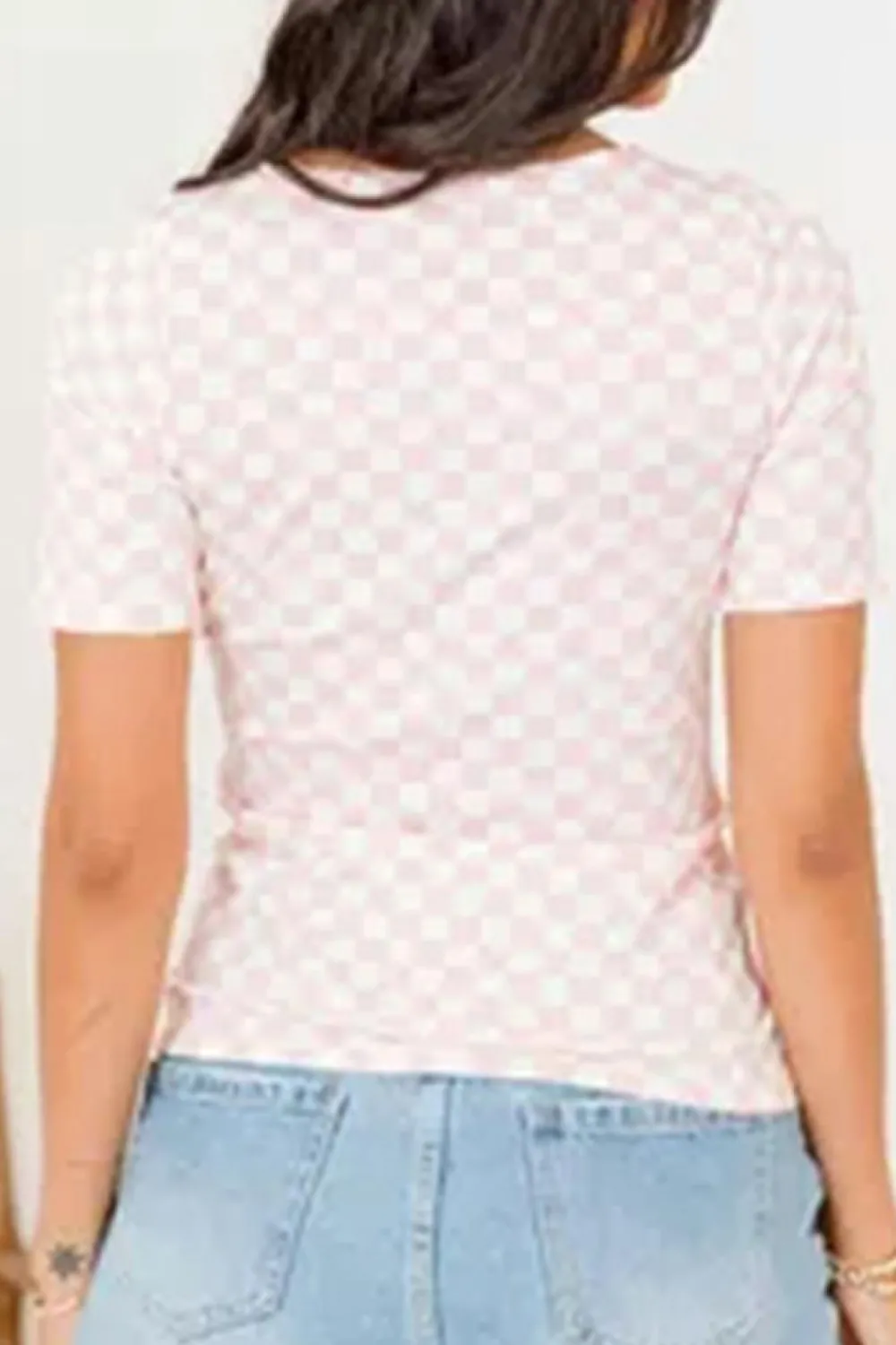 Fashion Dear-Lover Checkered Ribbed Slim Fit Crew Neck T Shirt Pink