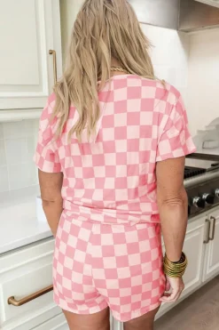Fashion Dear-Lover Checkered V Neck Tee Drawstring Shorts Lounge Set Pink