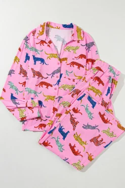 Outlet Dear-Lover Cheetah Print Shirt and Pants Pajama Set Pink