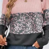 Sale Dear-Lover Cheetah Textured Patchwork Buttoned Round Neck T Shirt Pink