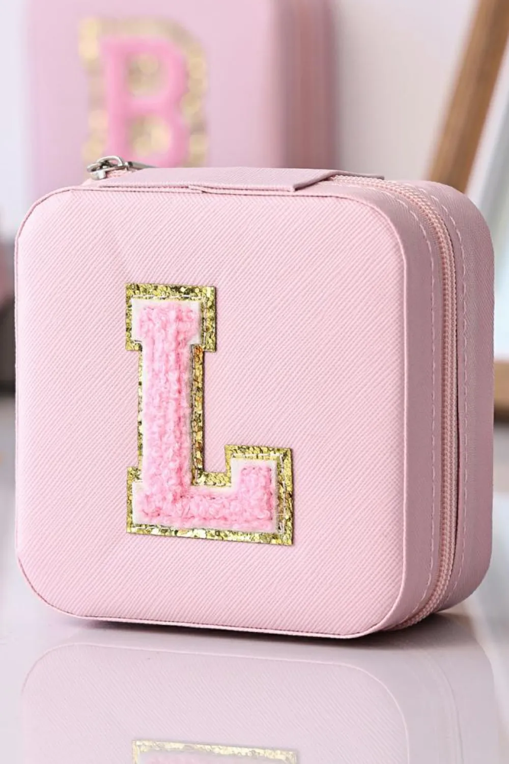 Discount Dear-Lover Chenille Initial L Portable Jewelry Case Pink