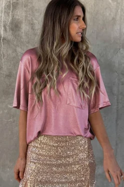 Clearance Dear-Lover Chest Pocket Loose Fit T Shirt Pink