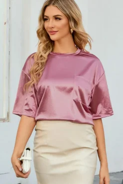 Clearance Dear-Lover Chest Pocket Loose Fit T Shirt Pink