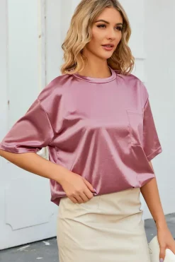Clearance Dear-Lover Chest Pocket Loose Fit T Shirt Pink