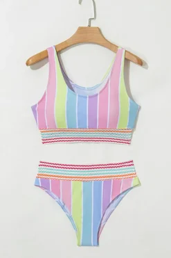 Outlet Dear-Lover Chevron Hollowed Trim 2pcs Rainbow Stripe Bikini Swimsuit Pink