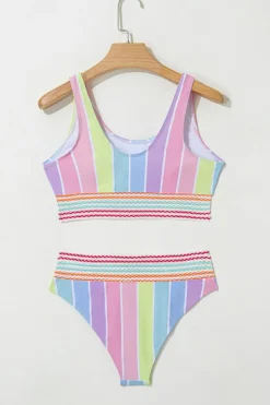 Outlet Dear-Lover Chevron Hollowed Trim 2pcs Rainbow Stripe Bikini Swimsuit Pink
