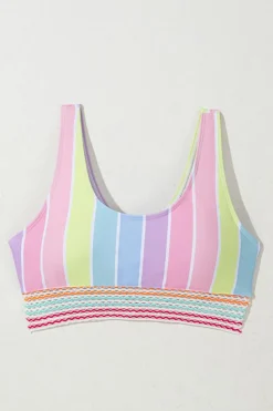Outlet Dear-Lover Chevron Hollowed Trim 2pcs Rainbow Stripe Bikini Swimsuit Pink