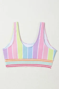 Outlet Dear-Lover Chevron Hollowed Trim 2pcs Rainbow Stripe Bikini Swimsuit Pink