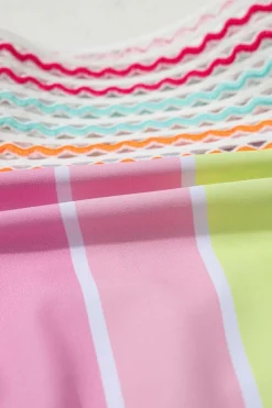 Outlet Dear-Lover Chevron Hollowed Trim 2pcs Rainbow Stripe Bikini Swimsuit Pink