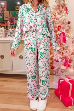 Hot Dear-Lover Christmas Berries Plant Print Satin Long Sleeve Pajama Set Pink