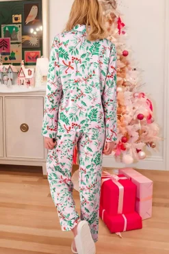 Hot Dear-Lover Christmas Berries Plant Print Satin Long Sleeve Pajama Set Pink