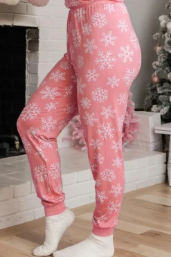 Best Dear-Lover Christmas Snowflake Print Two Piece Loungewear Pink