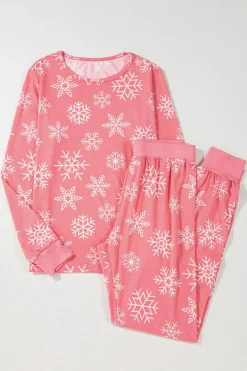 Best Dear-Lover Christmas Snowflake Print Two Piece Loungewear Pink