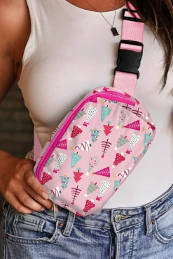 Clearance Dear-Lover Christmas Tree Print Buckle Wide Strap Sling Bag Pink